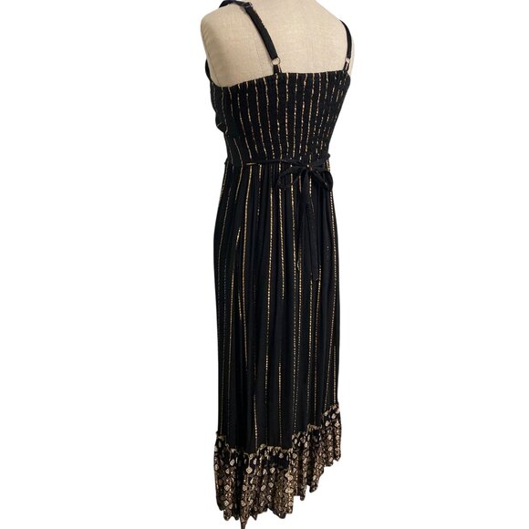Ananta Black & Gold Striped Midi Dress With Floral Embellishments S/M - Picture 8 of 11